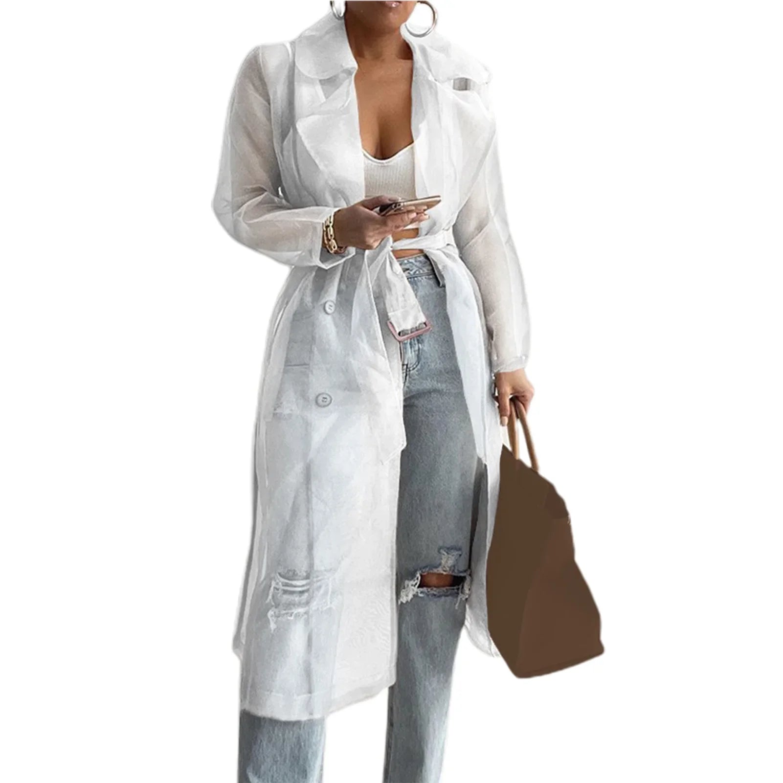 Elegant Shirts Trench Coat for Women Fashion See Through  Lace Up Spring Solid Sheer Mesh Long Sleeve Buttoned Coat with Belt-belleandkai.com
