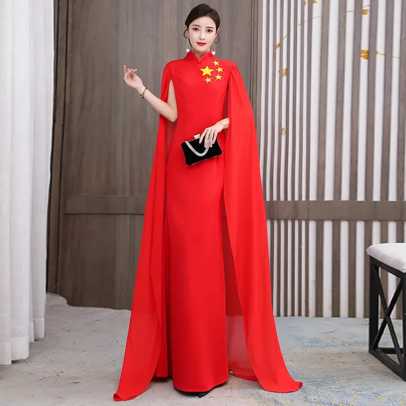 Elegant Chinese Style Cheongsam Evening Gown with Shawl for Women Stage Performance Costume New Hot Sale Of The Season Trend Mod-belleandkai.com