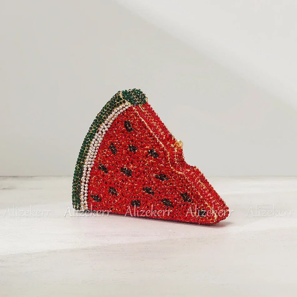 Alizekerr Pizza Shaped Diamond Evening Clutch Bags 2024 New Gorgeous Unique Metallic Watermelon Rhinestone Purses Wedding Party-belleandkai.com