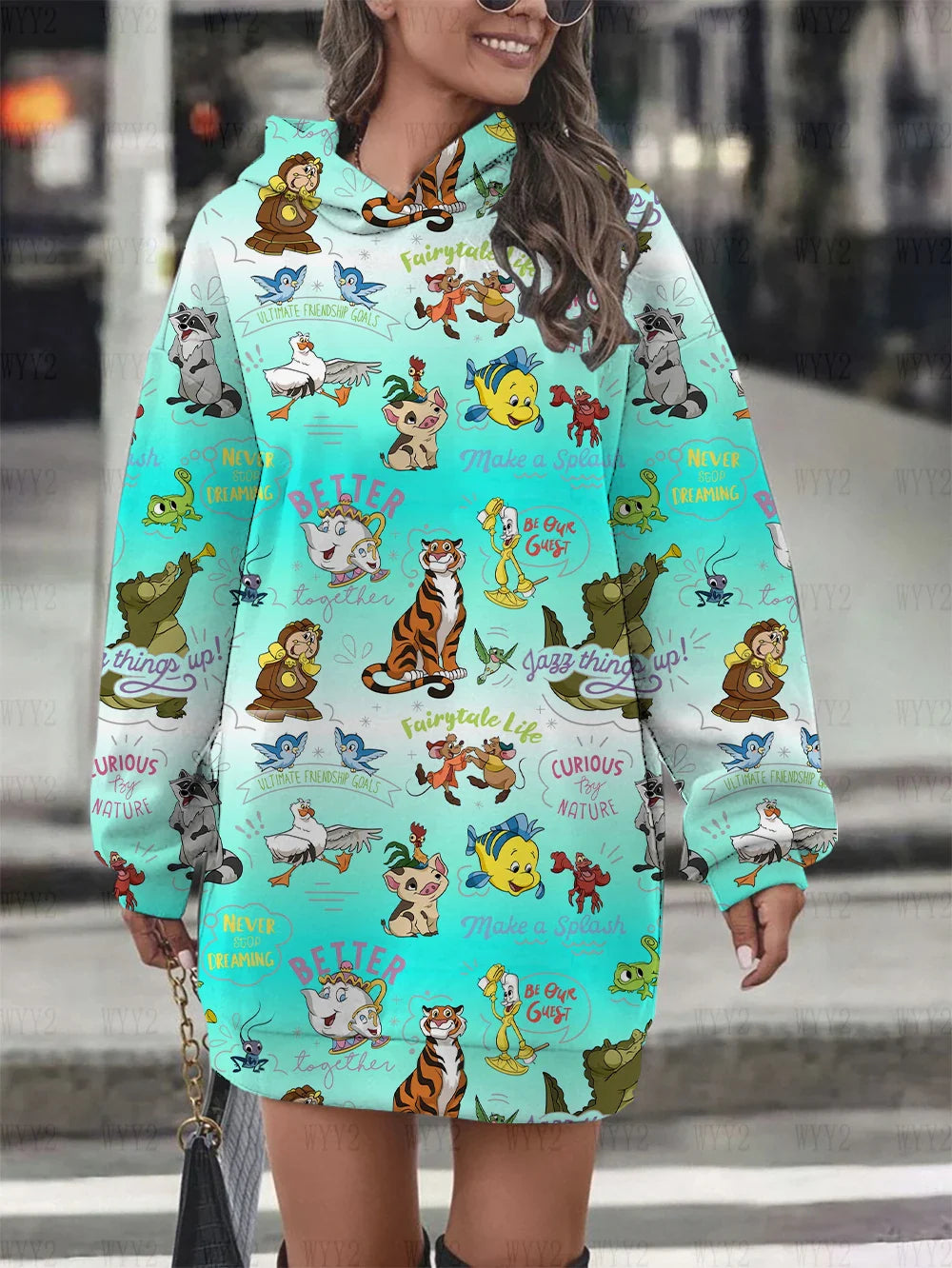 Women's hooded pullover sweatshirt fashion loose autumn and winter hoodie Disney chic retro print long-sleeved dress-belleandkai.com