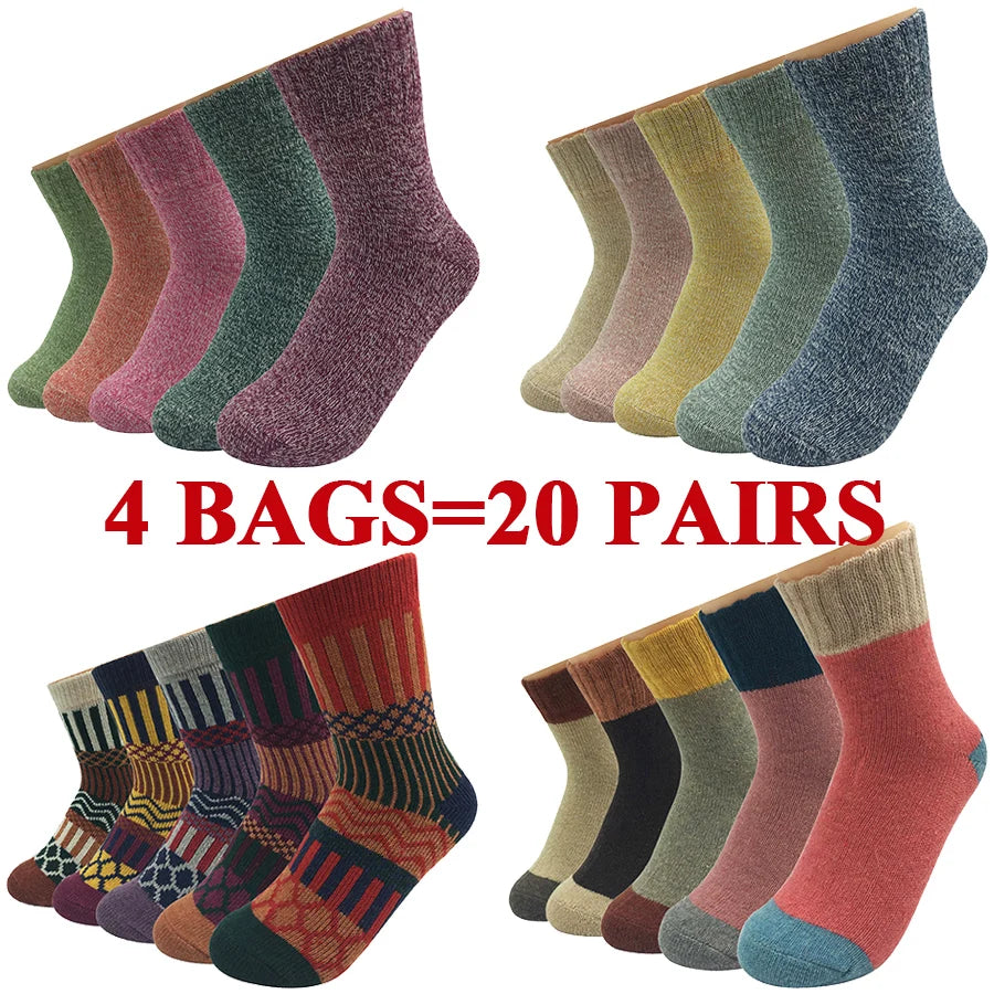 5 Pairs/Lot Wool Socks Women Winter Japanese Harajuku  Bohemian Cashmere Warm Colorful Socks Ladies Girl Christmas Gift 5 Styles-belleandkai.com