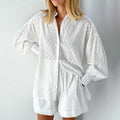 Women Jacquard Puff Sleeves Two Piece Sets for Summer Fashion Loose Shorts and Long Sleeved Shirt Outfits-belleandkai.com