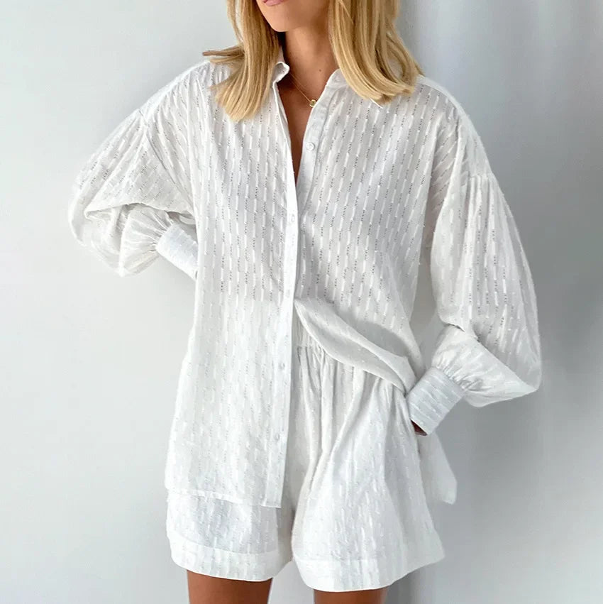 Women Jacquard Puff Sleeves Two Piece Sets for Summer Fashion Loose Shorts and Long Sleeved Shirt Outfits-belleandkai.com