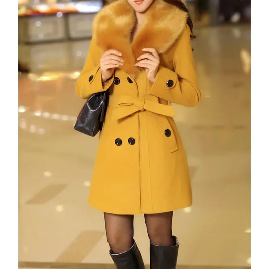 New Autumn Winter Women's Woolen Coat Mid-Length Korean Style Faux Fur Collar Sweater Material Outerwear Fashionable Ladies' Jac-belleandkai.com