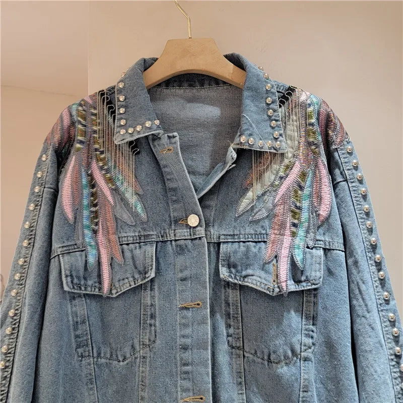 Harajuku Vintage Wings Embroidery Chain Tassel Denim Jacket Women Blue Short Coat Casual Long Sleeve Spring New Chaqueta Mujer-belleandkai.com
