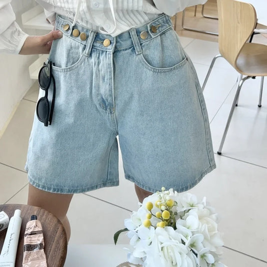 New 2024 Summer Denim Shorts For Women High Waist Sky Blue Color Wide Leg Loose Buttons Streetwear Loose Jean Shorts Women-belleandkai.com