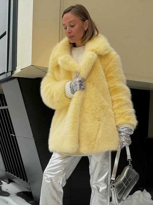 Luxury Faux Fur Women's Coat Turn down Collar Long Sleeve Button Pocket Soft Overcoat Thick Warm Winter Outerwear for Ladies-belleandkai.com