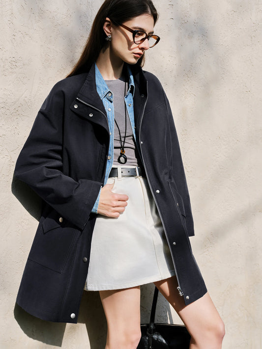 ZIQIAO Petite Size Versatile Casual Long Windbreaker for Women 2025 Spring New Barn Style Green Coat Trench 25ZQ91099-belleandkai.com