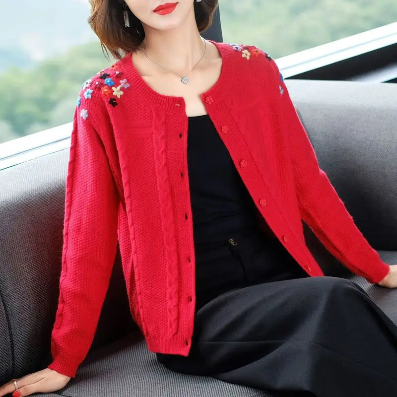 Plant&Flowers Hook Flower Hollow Women's Clothing Lantern Long Sleeve Sweater Knitted Cardigan Autumn Winter Round Neck Tops-belleandkai.com