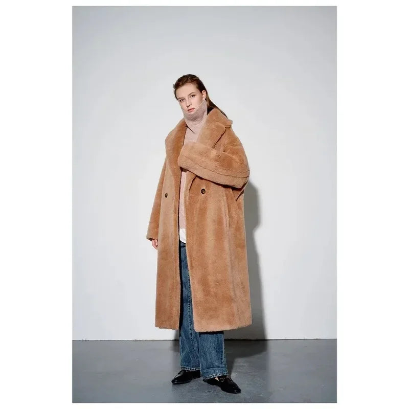 Top Quality New Teddy Coat Women, Luxury Genuine Fur 62% Alpaca 26% Wool 12% Silk, Winter Warm Long Teddy Coat Jacket for Women-belleandkai.com