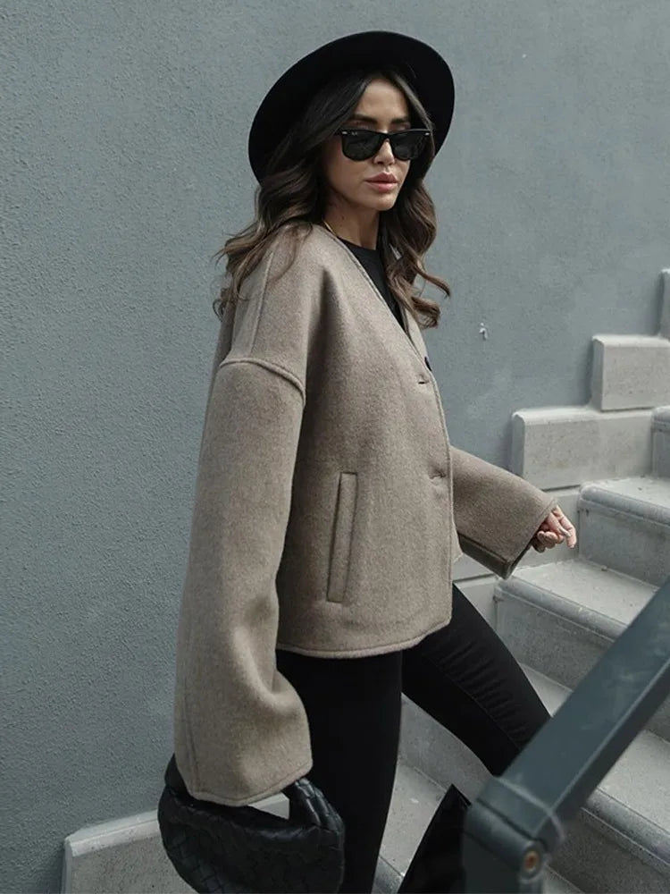 New Women's Coat Top Autumn Streetwear Fashion Button Long Sleeves Coat Solid Sexy V-Neck Casual Slim Versatile Female Clothing-belleandkai.com