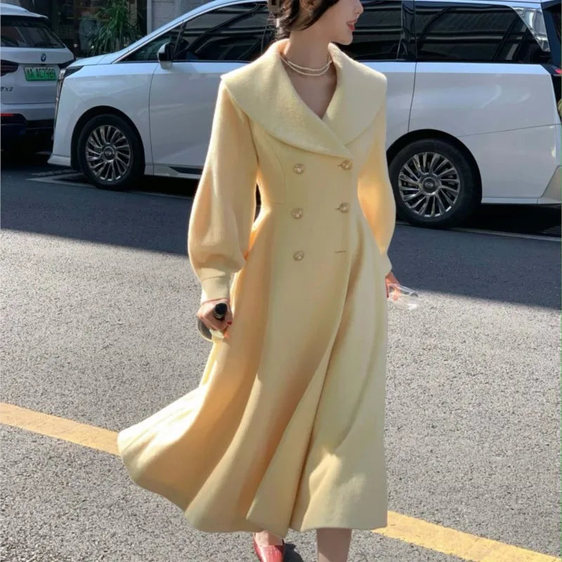 Fashion Women's Long Coats Winter New Outerwear Lapel Double Breasted Lantern Sleeve Solid Vintage Chic Woolen Overcoats-belleandkai.com