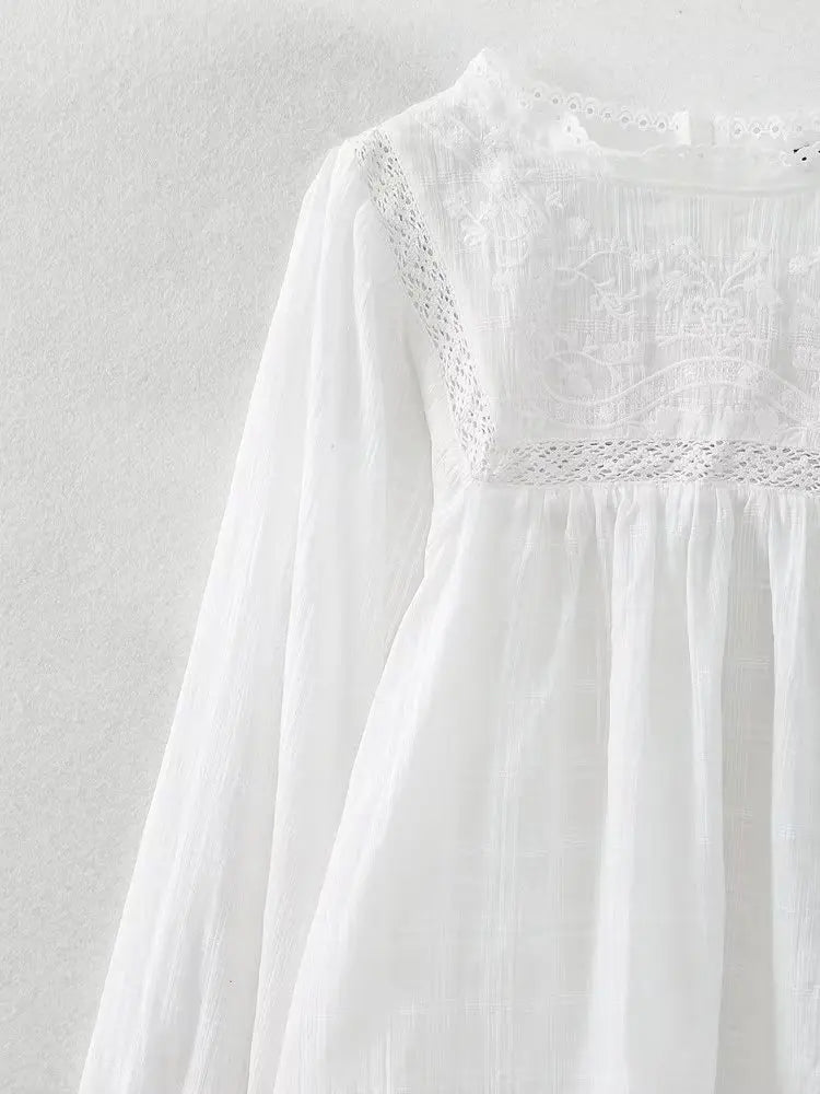 Willshela Women Fashion Embroidery White Hollow Out Blouse Vintage O-Neck Long Sleeves Female Chic Lady Shirts-belleandkai.com