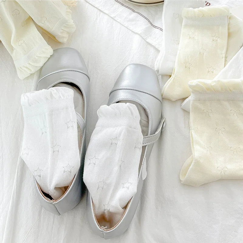 Women White Cream Lace Stackable Mid Calf Socks Bow Heart Star Design K-Style Spring Summer Thin Socks-belleandkai.com