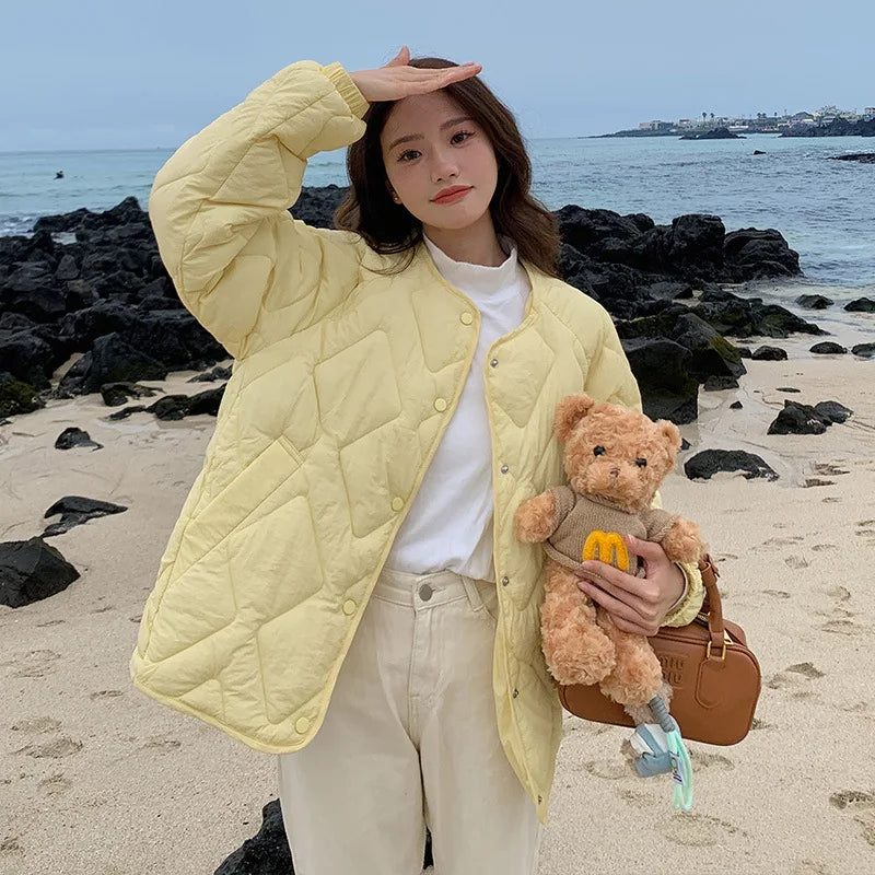 Autumn Winter Quilted Jacket Women Cotton Coat Warm Parkas Single-breasted Long Sleeve Design O-neck Outerwear Black Blue Yellow-belleandkai.com