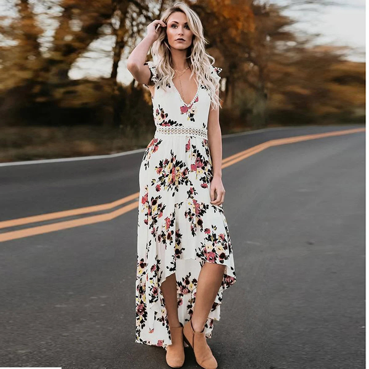 Mode Vrouwen Mouwloze Bloemenprint Onregelmatige Zoom Backless Lange Tank Jurk Backless Onregelmatige Grote Zoom Bloemenprint Ju-belleandkai.com