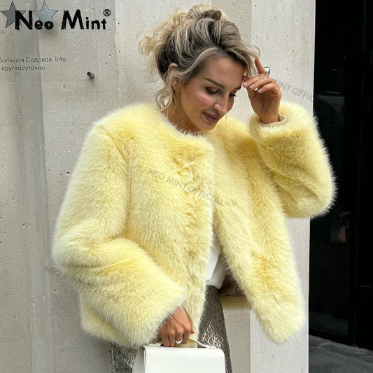 Neo Mint Cool Street Girls Winter Fashion Fluffy Fox Fur Jacket Women Casual Round Neck Faux Fur Coat Chic Thick Warm Outerwear-belleandkai.com