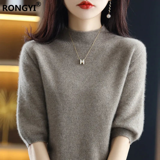 RONGYI Seamless Cashmere Sweater Knitted Women's Clothing 100% Pure Wool Short-Sleeved 2022 Spring Five-Quarter Sleeve  Pullover-belleandkai.com