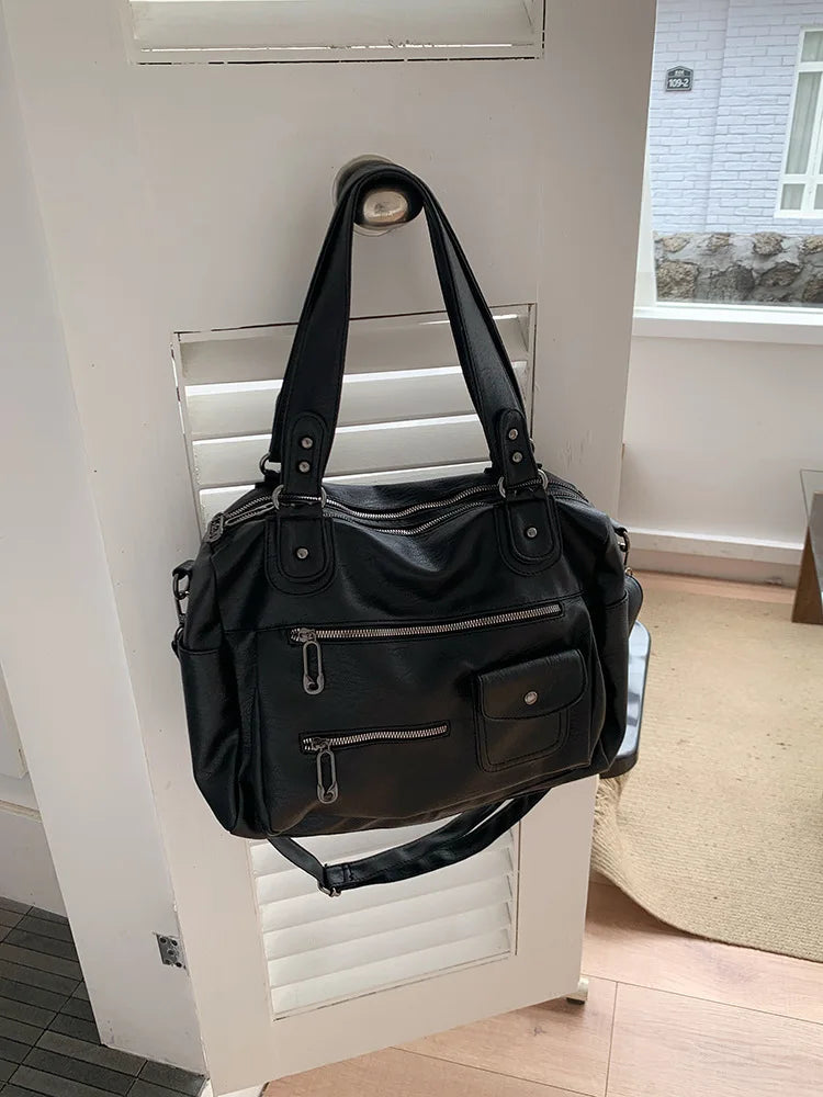Classic Retro Business Trip Luggage Bag Travel Bag Large Capacity Portable Shoulder Tote Bag Multi-Zipper Motorcycle Crossbody Bag for Women-belleandkai.com