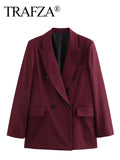 TRAFZA Women's Burgundy Blazers Elegant Double Breasted Coat Long Sleeve Blazer Jacket Autumn Lady Office New Wine Red Outerwear-belleandkai.com