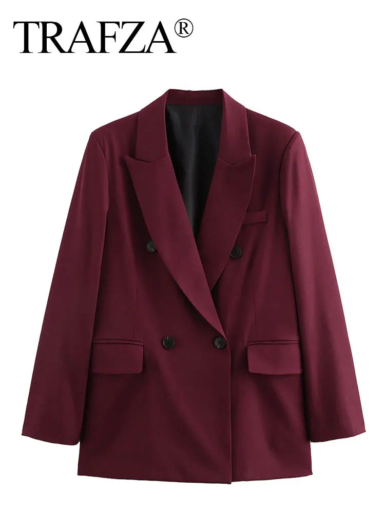 TRAFZA Women's Burgundy Blazers Elegant Double Breasted Coat Long Sleeve Blazer Jacket Autumn Lady Office New Wine Red Outerwear-belleandkai.com