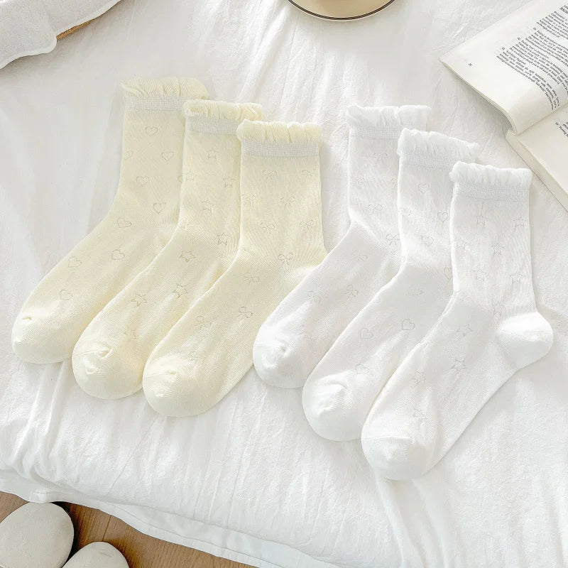 Women White Cream Lace Stackable Mid Calf Socks Bow Heart Star Design K-Style Spring Summer Thin Socks-belleandkai.com