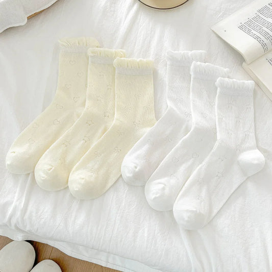 Women White Cream Lace Stackable Mid Calf Socks Bow Heart Star Design K-Style Spring Summer Thin Socks-belleandkai.com