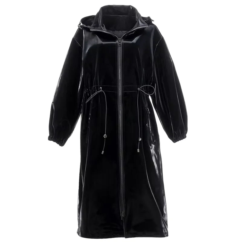 Mauroicardi Spring Waterproof Shiny Reflective Black Hard Patent Faux Leather Coat Women with Detachable Hood Zip Up Streetwear-belleandkai.com