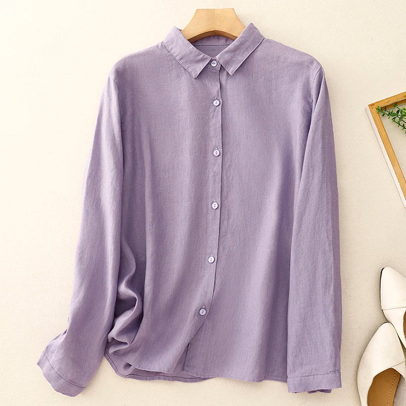 Cotton shirt female spring and autumn new fashion Japanese literature elegant solid color versatile long-sleeved casual blouse-belleandkai.com