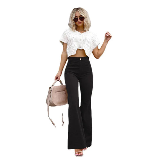 Street Fashion Pantalon Europe American Spring Autumn Women's Solid Mid Waist Slim Micro Bell Bottoms Corduroy Casual Sweatpant-belleandkai.com
