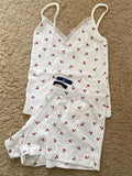Strawberry Vest Shorts 2 Pieces Set Woman Eyelet Bow Slim Tank Top with Elastic Waist Patchwork Straight Short Pant Sweet Sets-belleandkai.com