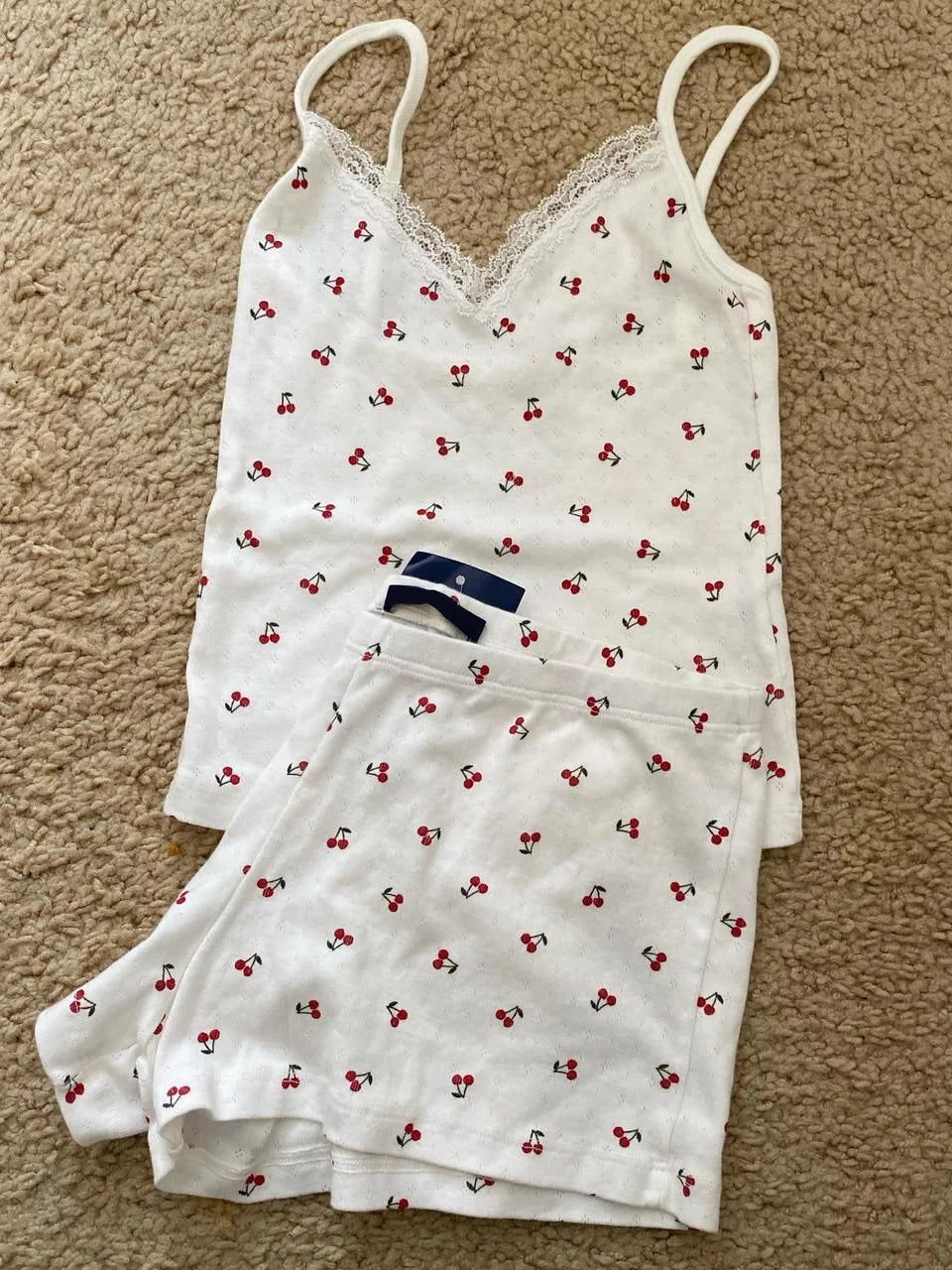 Strawberry Vest Shorts 2 Pieces Set Woman Eyelet Bow Slim Tank Top with Elastic Waist Patchwork Straight Short Pant Sweet Sets-belleandkai.com