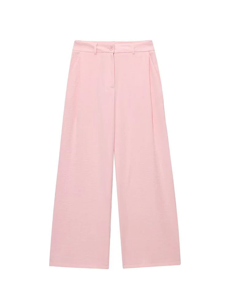 TFMLN Women Fashion Pant Two Pieces Sets Pink Slit Hem Short Tank Vest Straight Wide Leg Trousers Chic Office Lady Basic Outfits-belleandkai.com