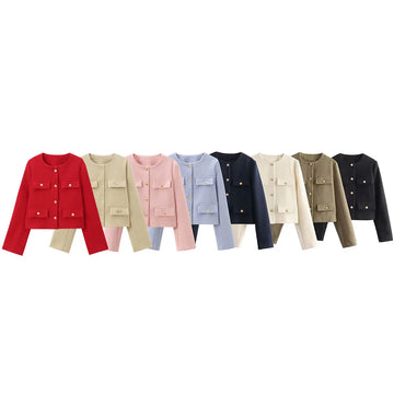 UNIZERA Winter New Product Women's Fashion and Casual Versatile Round Neck Flip Decoration Short Suit Coat-belleandkai.com