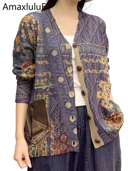 Amax luluE 2025 Fall Korean Design Knitwear Womens Vintage Printed loose Cardigans Ladies V-neck Fashion Warm Oversized Sweaters-belleandkai.com