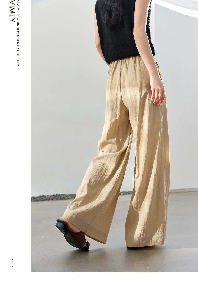 VIMLY Summer Long Baggy Pant 2025 Women's Elastic High Waist Loose Wide Leg Casual Full Length Trouser Woman Clothing M9877-belleandkai.com