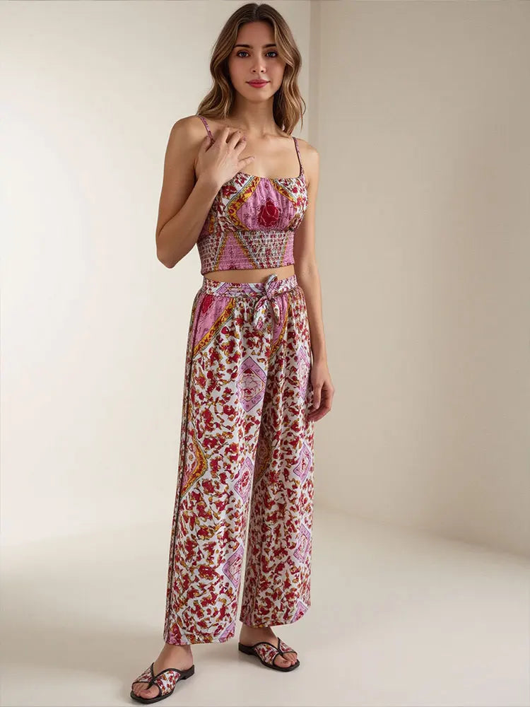TRAFZA Summer Women Boho Two Piece Print Outfits Strap Sleeveless Tops High Waist Drawstring Trousers Holiday Beach Lady Sets-belleandkai.com