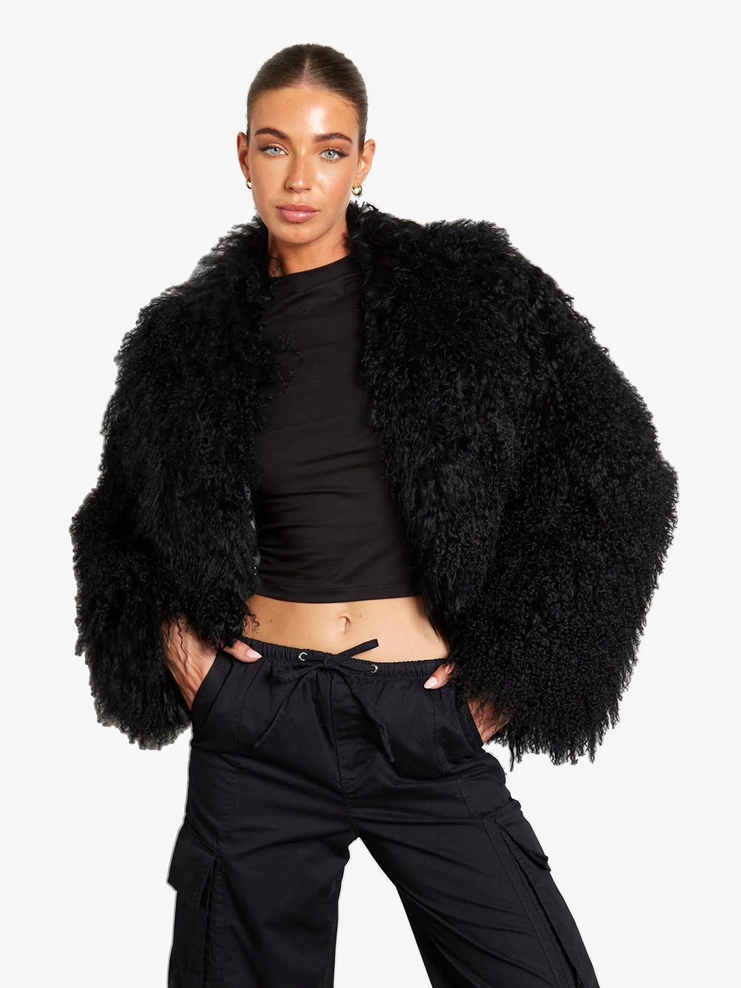 Women's Light gray Mongolian Fur Jacket – Real Sheepskin, Fluffy Short Coat, Winter Fashion Outerwear for Elegant Look-belleandkai.com
