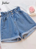 Jielur Summer Black Women Denim Shorts Women S-5XL Harem Ruffled White Blue High Waisted Shorts Female Elastic Short Jeans-belleandkai.com