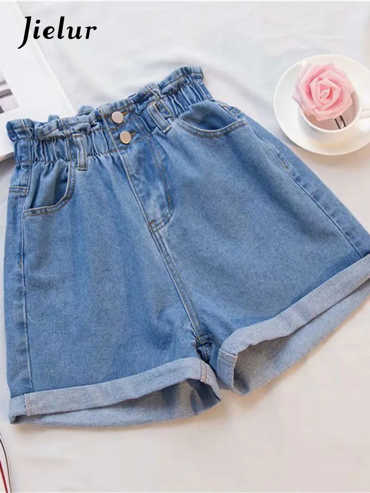 Jielur Summer Black Women Denim Shorts Women S-5XL Harem Ruffled White Blue High Waisted Shorts Female Elastic Short Jeans-belleandkai.com
