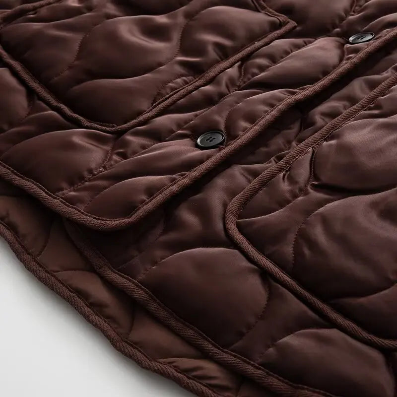 BSK&TRAF2025 Autumn New Women's Solid Color Retro Large Pocket Round Neck Long Sleeve Loose Quilted Cotton Jacket Coat-belleandkai.com