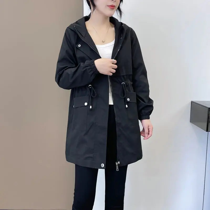 Plus Fleece Women Midi Parkas Autumn Winter Korean Loose Harajuku Thicken Thermal Pockets Drawstring Solid Hooded Trench Coats-belleandkai.com