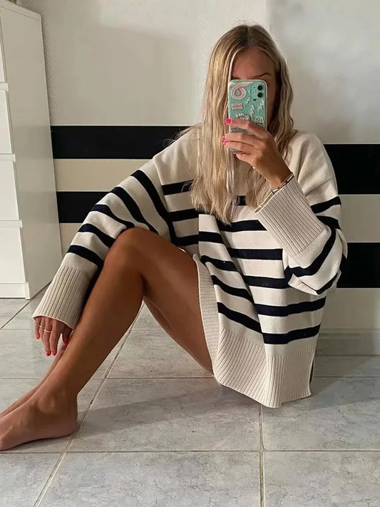 TRZA Fashion Oversized Striped Pullovers Women Knitted Basic Autumn Winter Loose-Fitting Thick Jumpers Sweaters Female Clothing-belleandkai.com