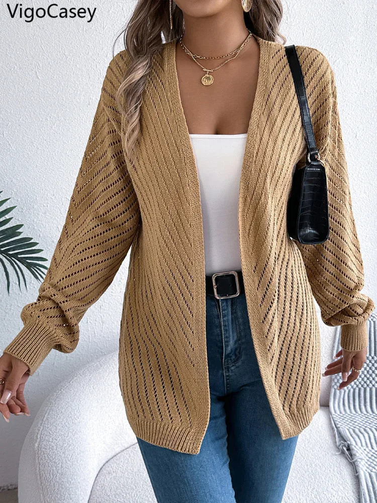 VigoCasey 2025 Autumn Winter Female Solid Sweater Cardigan Women Long Sleeve Cardigan Lady Hollow Loose Knitted Coat Outwears-belleandkai.com