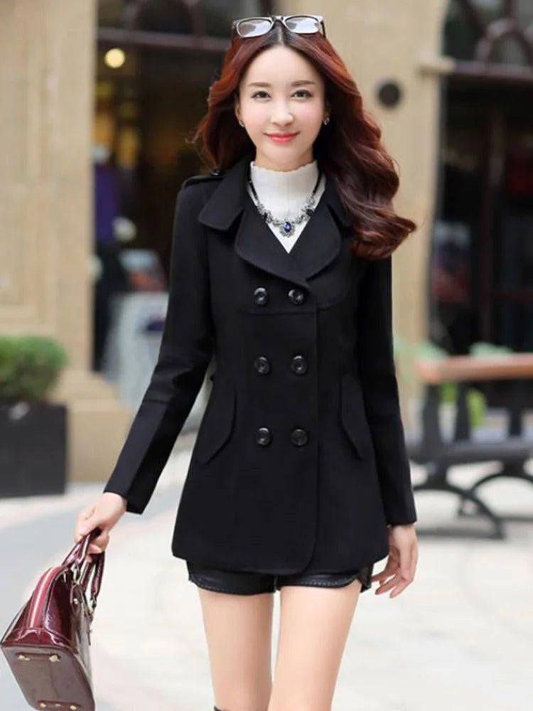New Autumn Winter Woolen Coat Women Slim Double Breasted Medium Long Wool Blend Warm Female Overcoat Winter Coat Jacket-belleandkai.com