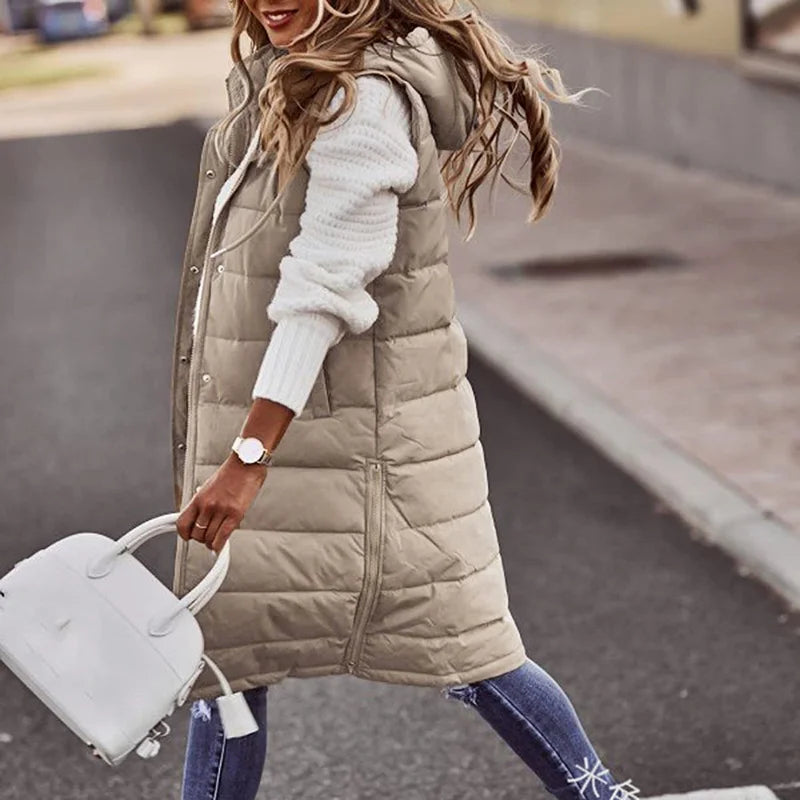 Long with Hood Outdoor Vest Down Women's Jacket Quilted Coat Sleeveless Jacket Winter Light Weight Sweaters-belleandkai.com