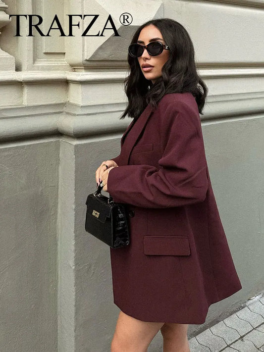 TRAFZA Women's Burgundy Blazers Elegant Double Breasted Coat Long Sleeve Blazer Jacket Autumn Lady Office New Wine Red Outerwear-belleandkai.com
