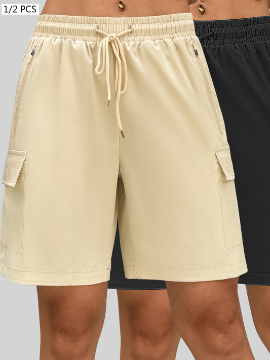 1/2 PCS  Loose Women Shorts with 2 Flap Pockets Adjustable Drawstring Cargo Short Outdoor Quick Dry Lightweight Shorts-belleandkai.com