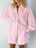 Women Jacquard Puff Sleeves Two Piece Sets for Summer Fashion Loose Shorts and Long Sleeved Shirt Outfits-belleandkai.com