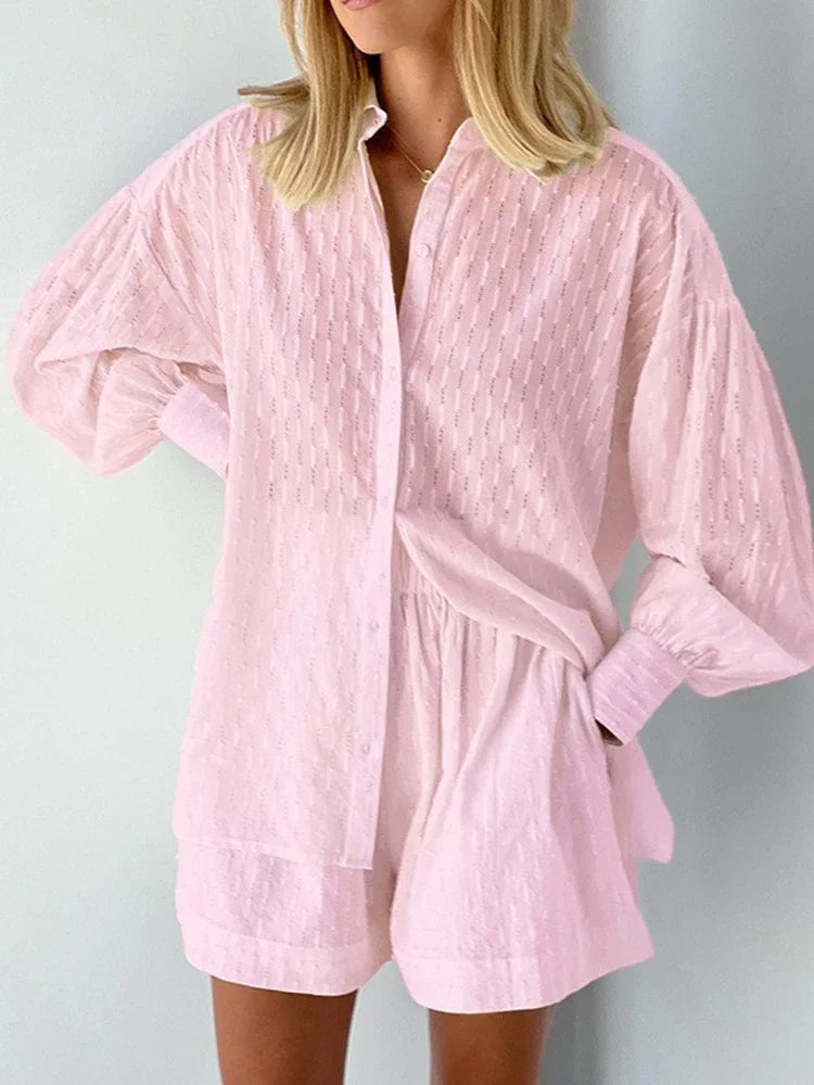 Women Jacquard Puff Sleeves Two Piece Sets for Summer Fashion Loose Shorts and Long Sleeved Shirt Outfits-belleandkai.com